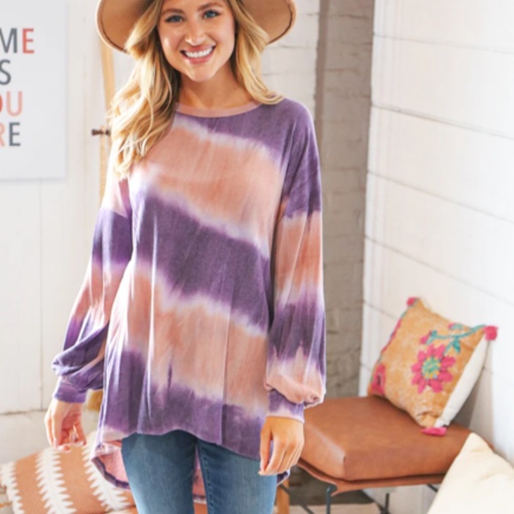 "The Paula" Mauve & Purple Tie Dye Puff Sleeve Top - Picture 2 of 3